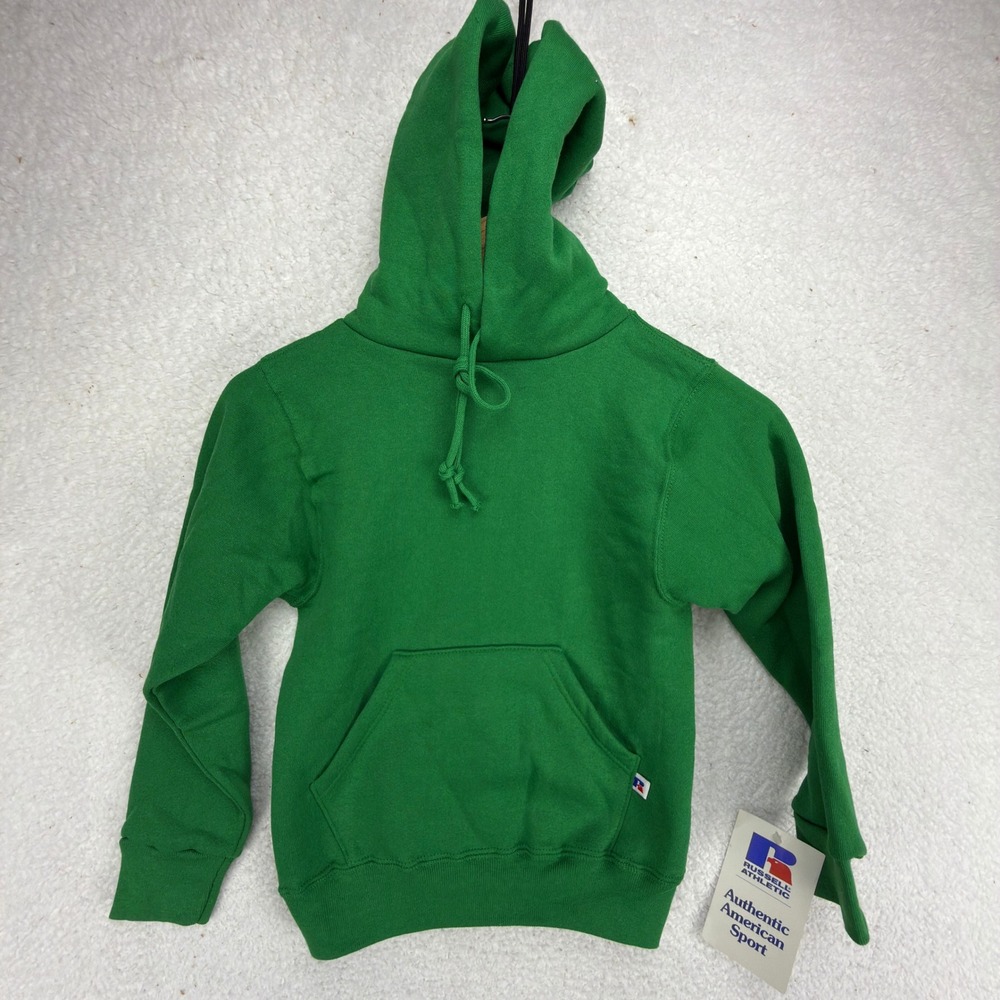 Vintage Russell Kids Youth Small Green Hoodie Sweatshirt Made in USA NWT